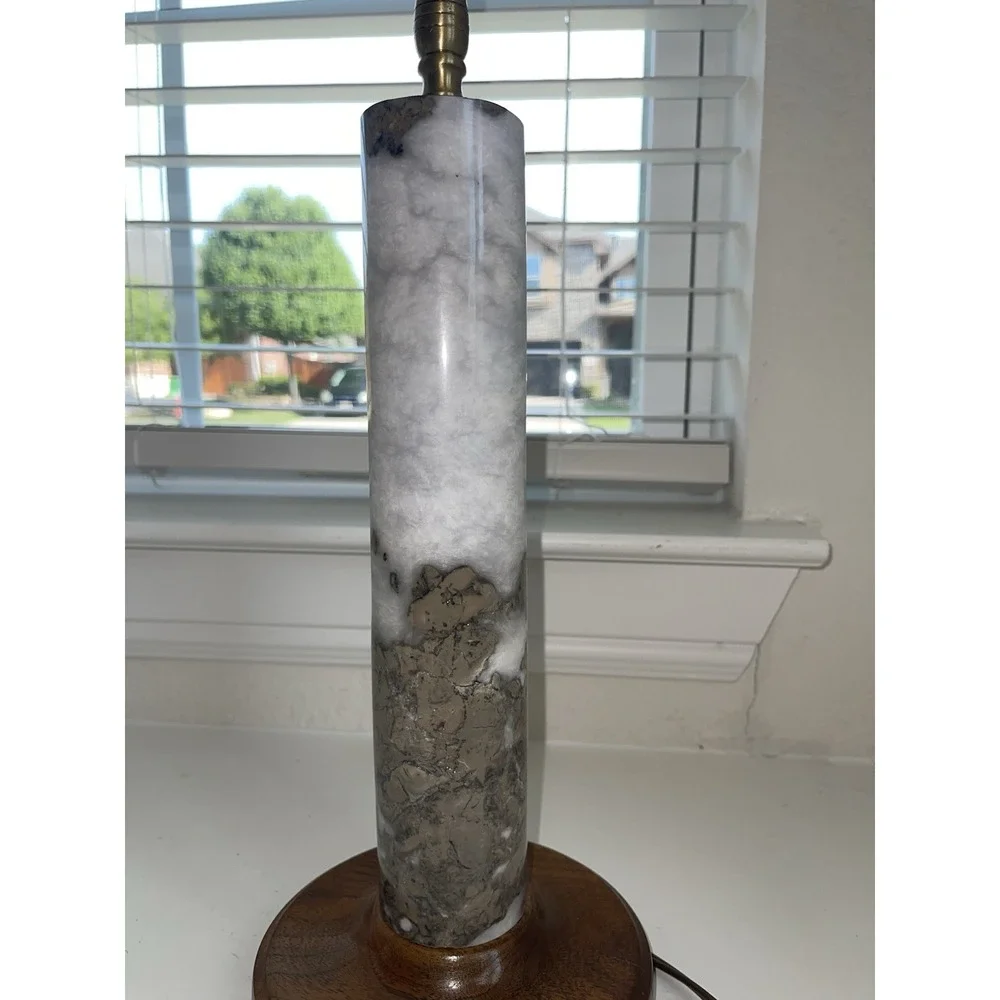Vintage MCM Marble / Granite Lamp‎ With Wood Base & Lamp Shade